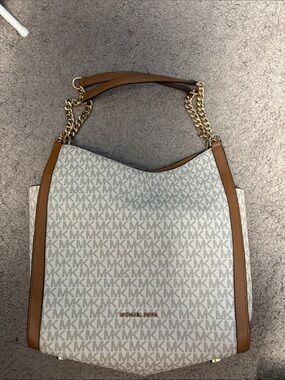 Michael Kors White MK Logo Shoulder Hobo with Brown Trim & Gold Chain